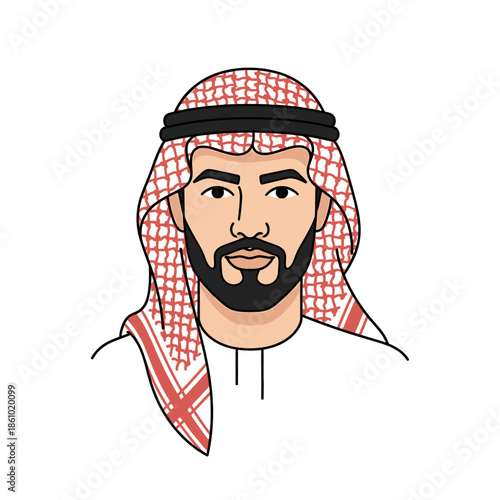 Arab Man Portrait, Traditional Keffiyeh Headwear, Bearded Face, Middle Eastern Culture Illustration