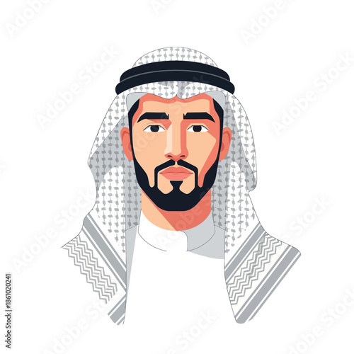 Middle Eastern Man Portrait, Arab Man wearing traditional Ghutra and Iqal, Illustration
