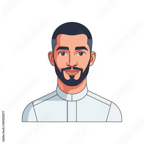 Illustration of a smiling Middle Eastern man with beard and short hair, wearing a white shirt.