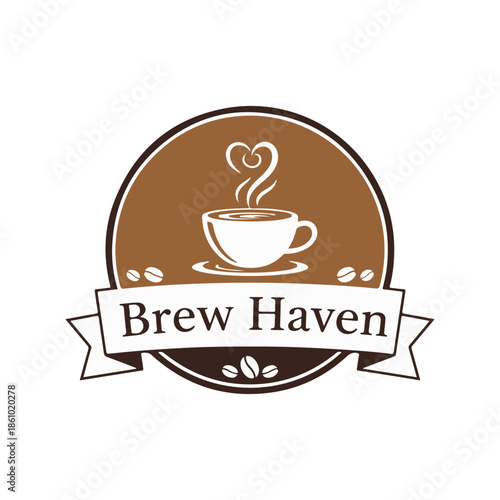 Warm inviting "Brew Haven" coffee logo featuring a comforting coffee cup nestled in soft clouds with rising steam, rendered in rich brown and cream tones. Perfect for neighborhood cafes, cozy coffee 