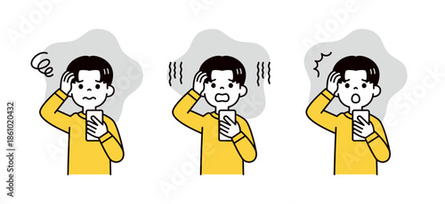 スマートフォンを見て、困る・落ち込む・驚く10代の男性・学生のベクターイラスト素材セット