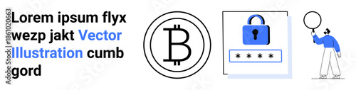 Bitcoin symbol, secure password lock, and person holding a balloon. Ideal for cryptocurrency, online security, blockchain, fintech, data privacy, digital innovation simple landing page
