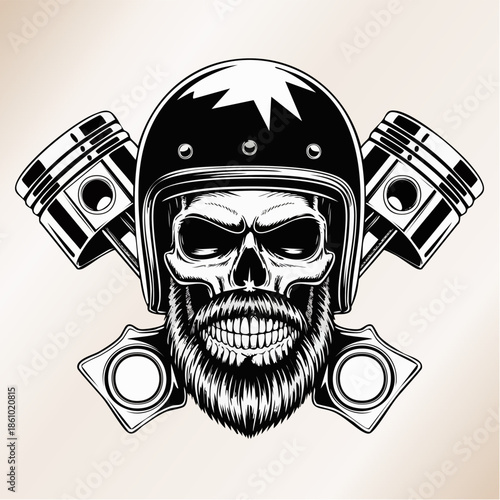 Biker Skull with Helmet and Pistons Illustration.