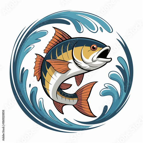 Dynamic leaping fish in circular water swirl.