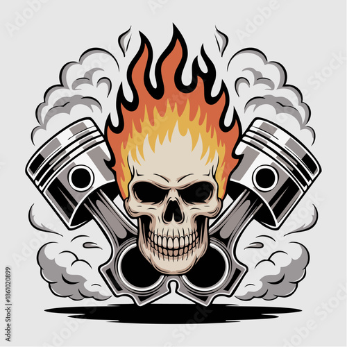 Flaming Skull with Pistons Graphic Illustration.