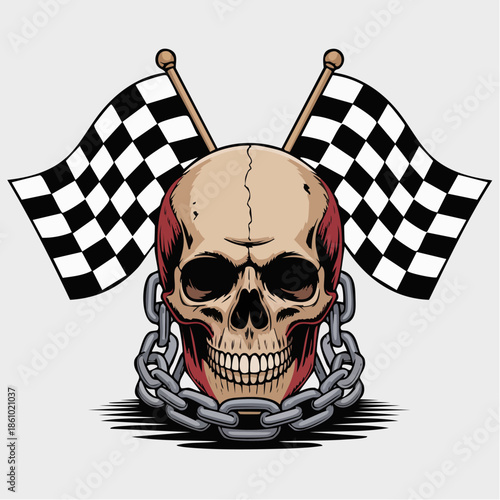 Skull with Chains and Racing Checkered Flags.