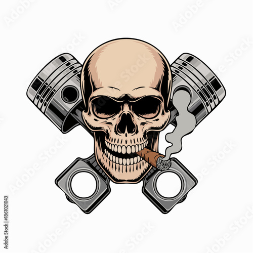 Skull with Crossed Pistons and Cigar in Engine Themed Graphic.
