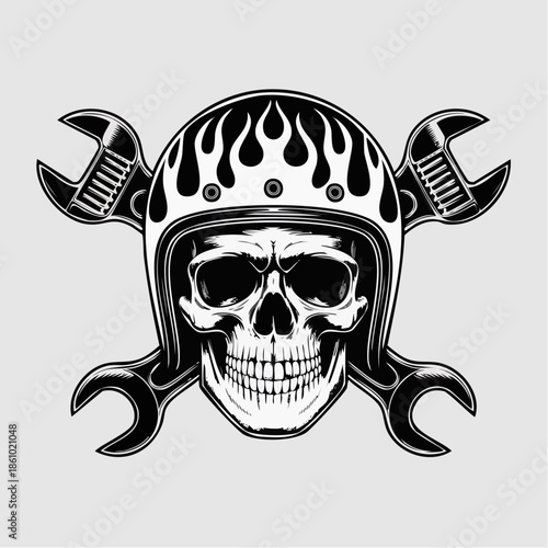 Skull with flaming helmet and crossed wrenches illustration.