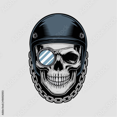Skull with Helmet and Chain Graphic Illustration.