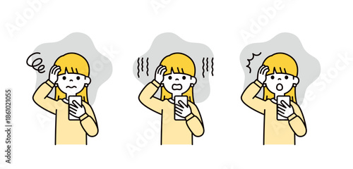 スマートフォンを見て、困る・落ち込む・驚く10代の女性・学生のベクターイラスト素材セット