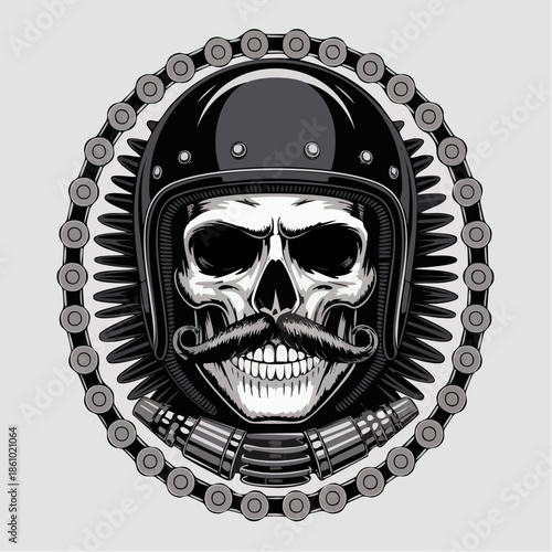Skull with helmet and cigar circular emblem.