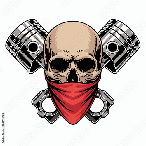 Skull With Red Bandana And Crossed Pistons.