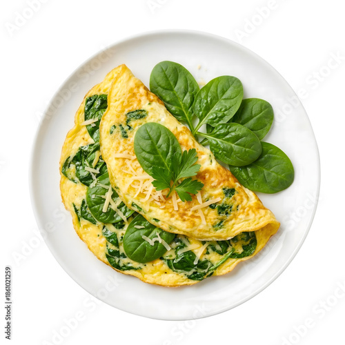 Spinach omelette served on white plate isolated on transparent background