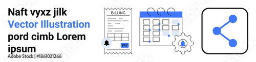 Billing management, scheduling, planning, invoicing system, workflow automation, data sharing. Calendar, invoice gear and share icon on a white background. Billing management and scheduling concept