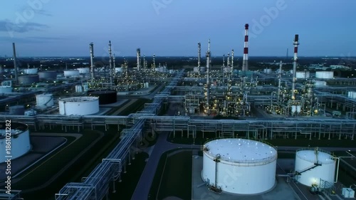 Aerial view of an industrial facility at dusk. Structures with piping, tanks, and towers illuminated by lights, with a clear evening sky