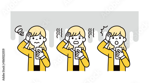 スマートフォンを見て頭を抱える、若い女性・主婦・OLの上半身ベクターイラスト素材セット