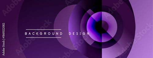 Abstract purple design features concentric circles, gradients. Text reads background design. Minimalist, modern aesthetic.