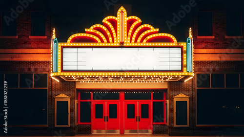 A vibrant movie theater marquee at night with bright lights and a classic design