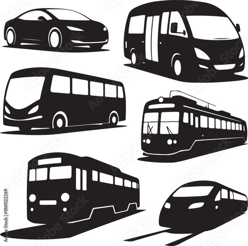 Collection of different transport vehicles in silhouette style
