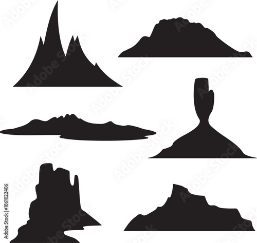 Assorted mountain and rock formation silhouettes isolated on transparent