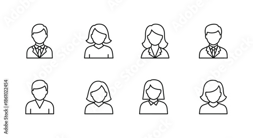 A collection of eight simple line art icons representing diverse business people silhouette