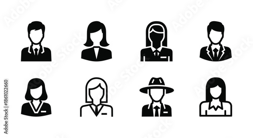 A collection of black and white profile icons displaying various individuals in formal attire silhouette