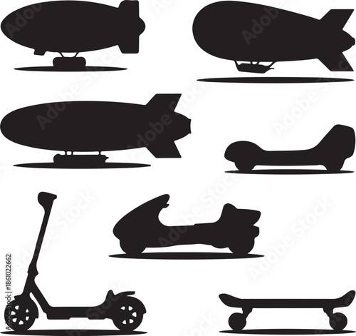 Collection of various transport and leisure vehicles in silhouette style