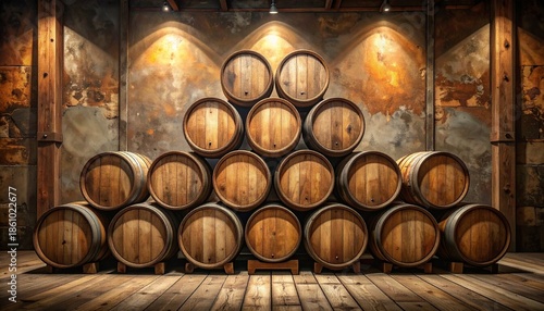 Wooden barrels stacked in a pyramid formation inside a dim rustic room with aged walls and warm lighting, creating a symmetrical composition that evokes traditional storage and artisanal craftsmanship