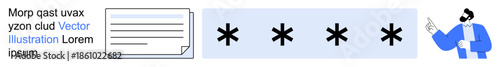 Cybersecurity, data protection, authentication, login security, password management, digital privacy. A form, asterisks in a password field and a person pointing. Cybersecurity and data protection