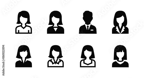 A collection of diverse head and shoulder silhouettes depicting various people and styles silhouette