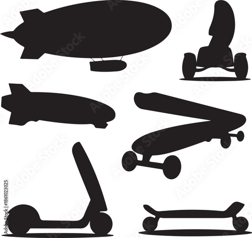 Collection of various transportation and leisure vehicle silhouettes isolated