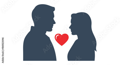 A romantic depiction of a couple facing each other with a heart between them silhouette