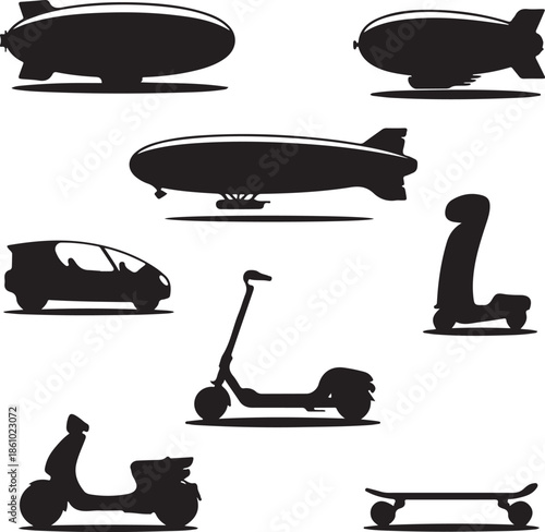 Collection of various transport and vehicle silhouettes isolated on transparent background