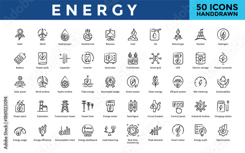 Energy icons set with solar, wind, battery, power bank, capacitor, inverter, generator icon. Simple hand drawn vector
