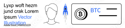 Financial growth, cryptocurrency trends, blockchain technology, investment strategies, digital transactions, futuristic concepts. Human face, rocket BTC symbol. Financial growth and cryptocurrency