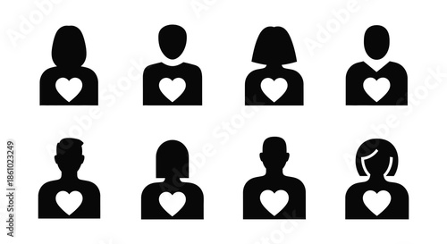 Collection of black human figure icons with heart shapes in their chests silhouette