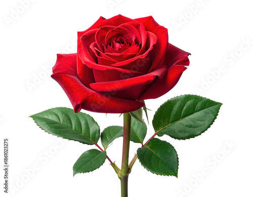 Single fresh red rose with short stem, isolated on white and transparent.