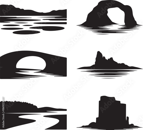 Minimalist landscape and rock formation silhouettes isolated on transparent