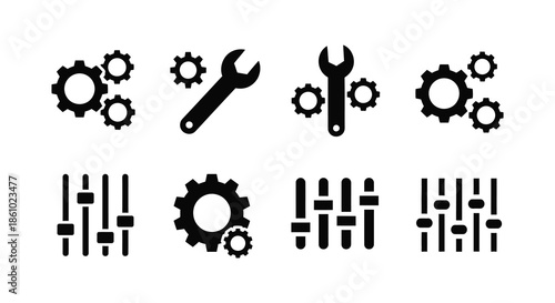 A collection of black tool and gear icons displayed in a simple silhouette