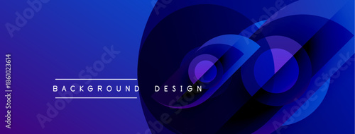 Abstract blue design features overlapping circles, gradients. Text reads background and design. Modern, vibrant aesthetic.