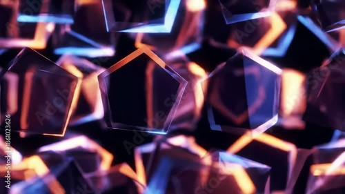 An abstract, blurred image showcasing floating, geometric, five-sided crystalline structures with vibrant, gradient coloring