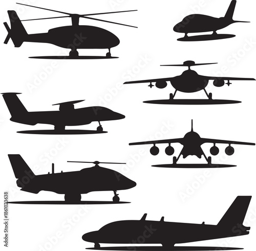Collection of different aircraft and helicopter silhouettes isolated