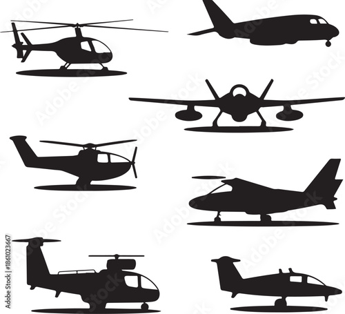 Collection of various aircraft and helicopter silhouettes isolated