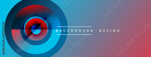 Abstract design features concentric circles, vibrant blue, red gradients. Modern aesthetic suitable for banners, presentations.