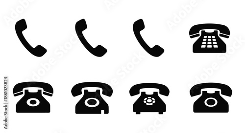 A collection of vintage telephone icons presented in a stark black and white silhouette