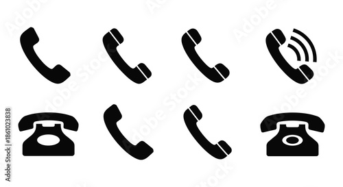 collection of black telephone handset and base icons presented on a white background silhouette