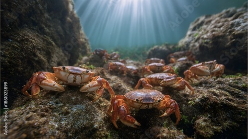 A group of bright orange crabs scuttle across a rocky seabed illuminated by d d sunlight filtering through the clear blue water