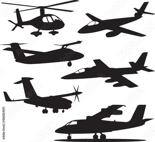 Collection of different aircraft and helicopter silhouettes isolated