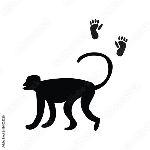 A monkey silhouette walking with footprints above it