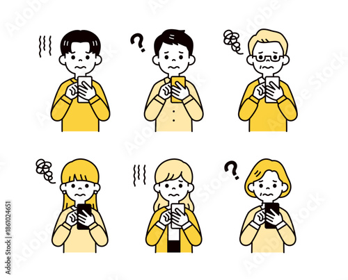 困った表情でスマートフォンを操作する、様々な年代の男性と女性のベクターイラスト素材セット